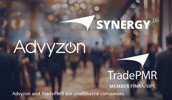TradePMR and Advyzon logos in front of a conference floor background