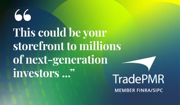 Quote text saying "This could be your storefront to millions of next-generation investors" with TradePMR logo. 